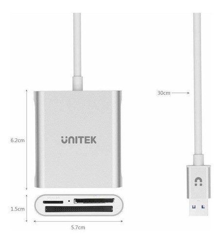 Unitek 3 Ranuras De Aluminio Lector De Tarjetas, Leer 3 T