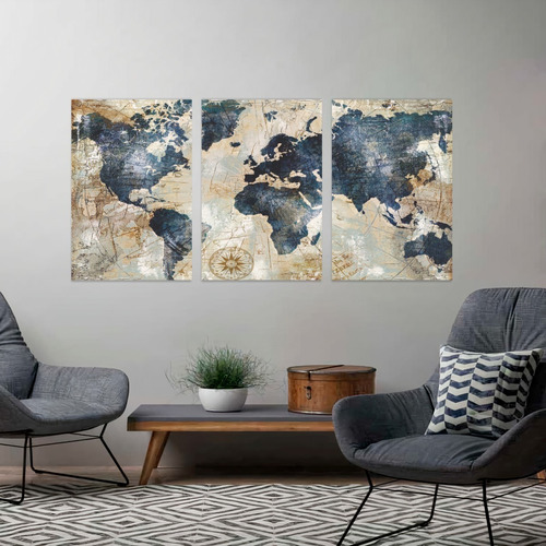 Imagem 4 de 9 de Quadro Mapa Mundi Rústico Elegante Sala Escritório Canvas