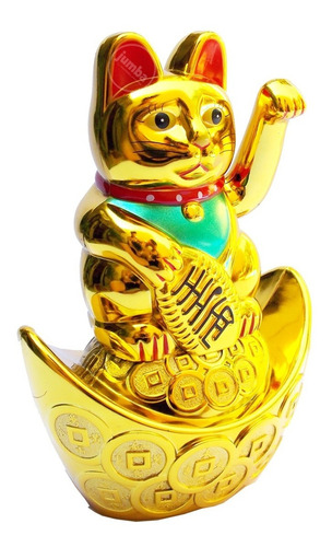 Gato De Suerte Fortuna 13cm Maneki Neko Dorado Pila Incluida