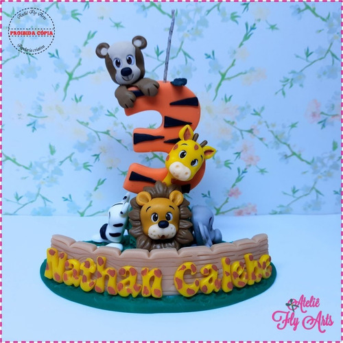 Topo De Bolo Personalizado Biscuit Aniversario Safari Vela