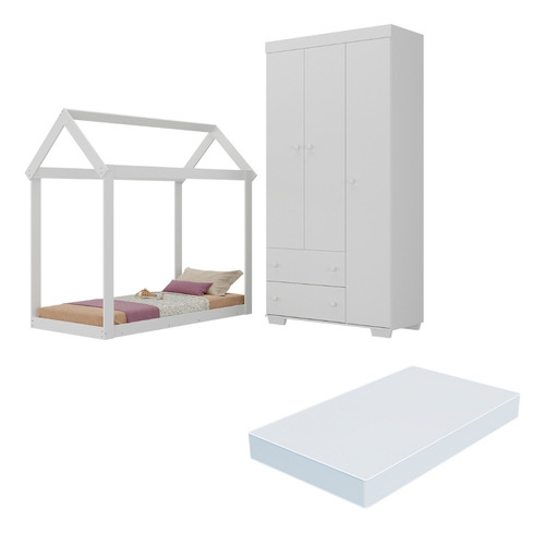 Quarto Infantil com Cama Montessoriana/Colchão/Guarda-Roupas Algodão Doce Multimóveis MX4276 Branco
