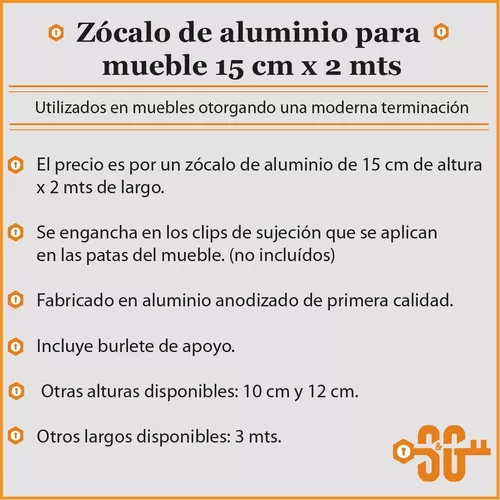 Zócalo De Aluminio Mueble De Cocina 15 Cm X 2 Metros