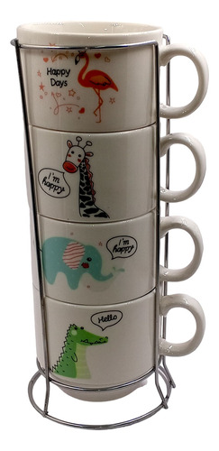 Torre Mug 4 Plocillos En Porcelana Base Metálica De Animales