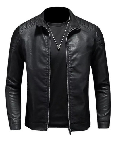 Chamarra De Cuero Ajustada Para Hombre Con Cuello Alto