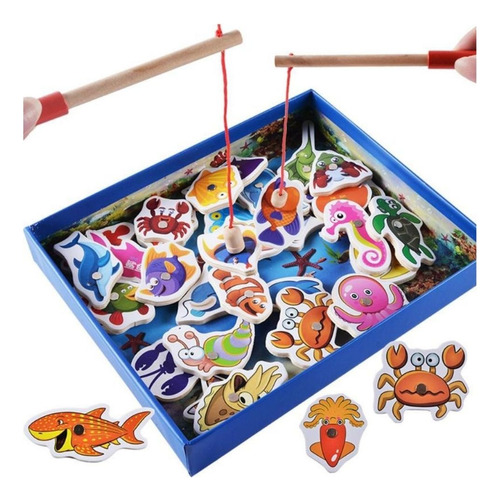 Juego De Pesca Madera Con Imán 32 Peces Infantil Didactico 