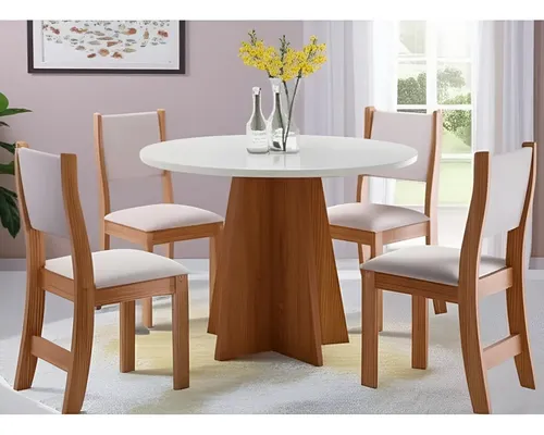 Conjunto De  Mesa Vieiro Slin Redonda Com 4 Cadeiras Tampa Linho Pés Amendoa