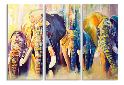 Set De 3 Cuadros Canvas Elefantes Oleo Manada 90x130cm