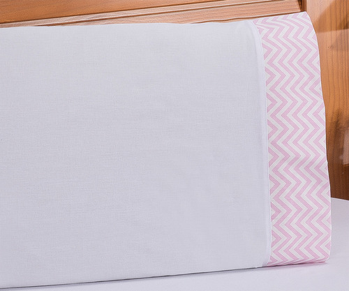 Jogo De Lençol Solteiro 2 Peças Estampado 100% Algodão Cor Branco Com Rosa Desenho Do Tecido Chevron