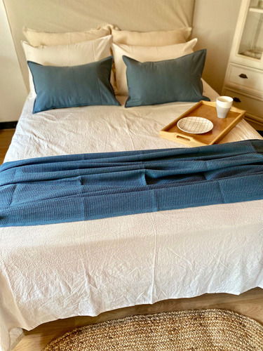 Manta Waffle 100x260 Cm Pie De Cama Manta De Sillón Color Azul Acero
