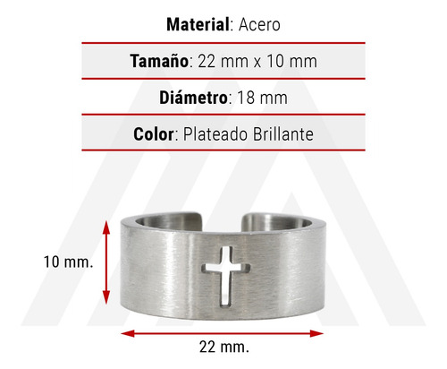 Imagen 4 de 10 de Anillo Hombre Acero Cruz Hueca Plateado Brillante