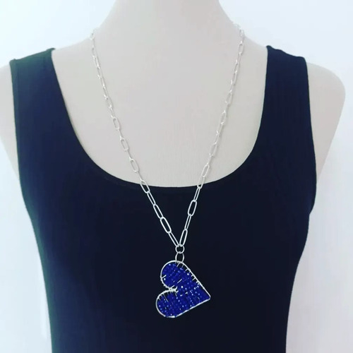 Collar Extra Largo Eslabón Baño Plata Corazón Azul Piedras 