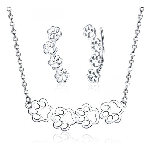 Collar Y Aretes Set Conjunto Huellas Mascota Plata S925