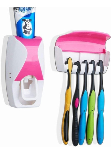 Dispensador Pasta Dental + Soporte Cepillo De Dientes. Rosa.