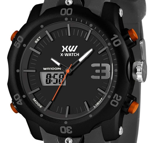 Relógio Masculino X-watch Esportivo Para Mergulho Profundo Cor da correia Cinza Cor do bisel Preto Cor do fundo Preto
