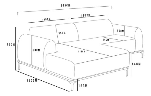 Sofá 3 Lugares com Chaise Esquerdo Para Sala de Estar Molino 245cm D02 Linho Bege C-107