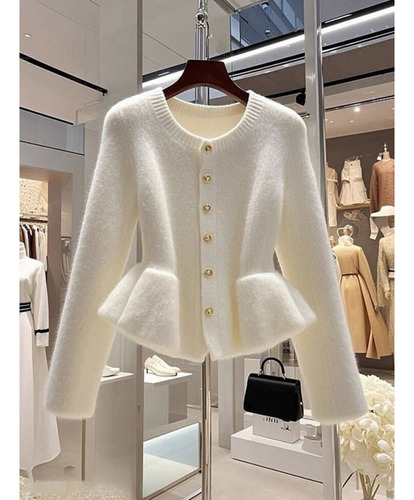 Elegante Cárdigan De Punto Con Ribete De Encaje Para Mujer,
