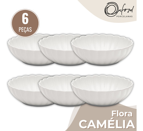 Jogo 6 Pratos Fundos Flora Camelia 20cm Porcelana Oxford Branco Liso Com Alto Relevo