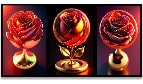 Set de 3 marcos decorativos con rosas rojas, flores, sala de estar, colores lujosos