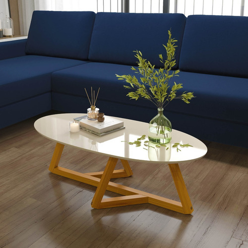 Mesa De Centro Classic Oval Com Pés De Madeira Maciça E Tampo Mdf Off White Tebarrot