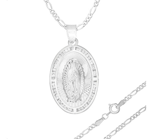 Cadena Con Dije Virgen Guadalupe Oval Figaro 50cm Plata 925