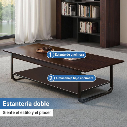 Mesa Centro De Madera Minimalista Para Sala Con Doble Repisa Madera Oscura Y Negro