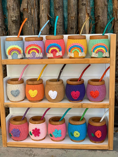 Mates De Madera Decorados Tejidos Crochet Con Bombilla Coral Esmeralda Matizado Coral Esmeralda