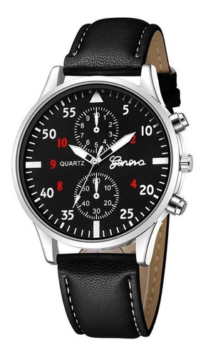 Reloj Hombre Geneva Piel Vinil Moda Caballero Elegante B290 Color De La Correa Negro/plata/#blanco