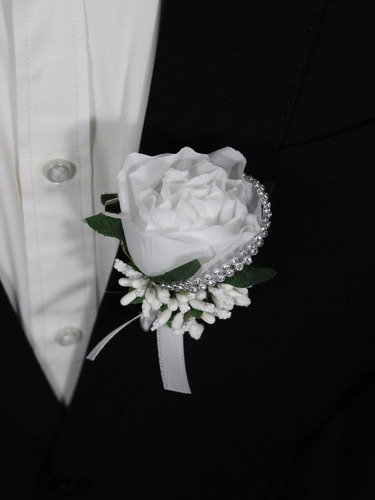 Boutonniere Rosa Artificial Blanco Novio Boda Elegante