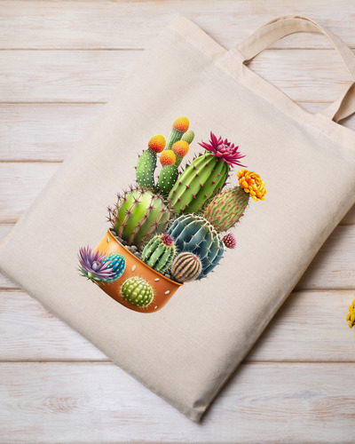 Tote Bag Tela Lienzo Algodón Estampado De Cactus 40x35cm Beige Cactus - Planta