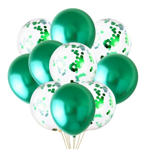 Bouquet De 10 Globos De Latex Verdes Con Confetti Al Tono