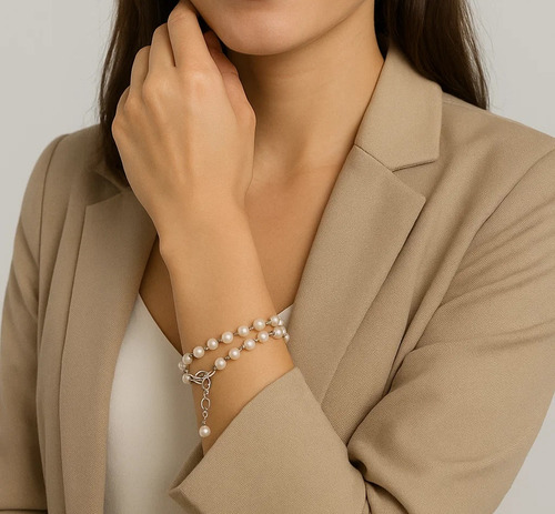 Pulsera Artesanal Shen De Perlas Combinadas Plateada Blanco Y Rosa 20 Cm