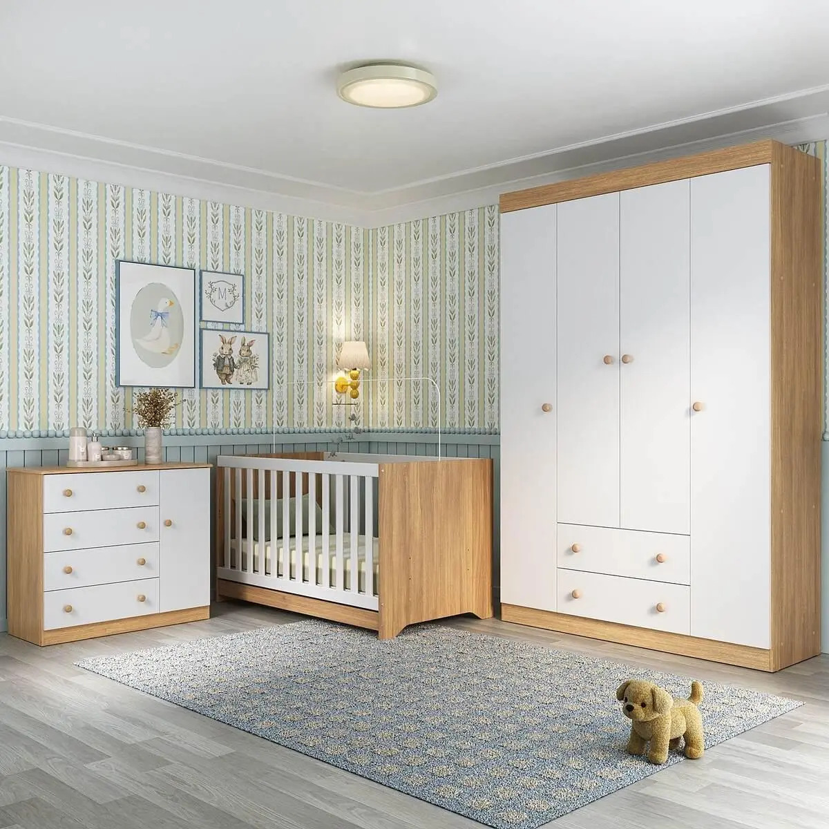 Quarto de Bebê Completo com Berço Americano 3 em 1 p/Colchão 130x70cm Encanto Multimóveis MP4581 Madeirado/Branco