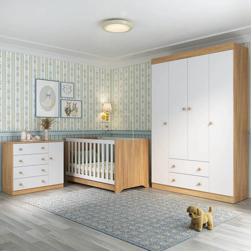 Quarto de Bebê Completo com Berço Americano 3 em 1 p/Colchão 130x70cm Encanto Multimóveis MP4581 Madeirado/Branco
