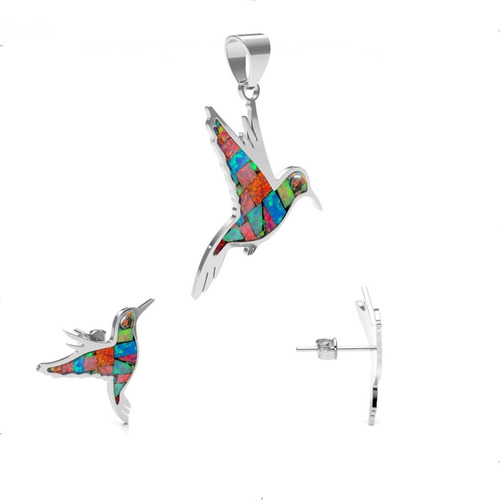 Imagen 2 de 10 de Dije Y Aretes Colibrí Ópalo Plata 925 Mujer Agálea Joyería
