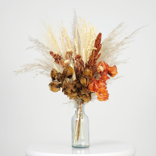Arranjo Desidratado Delicadeza Pluma Com Flores Ocre