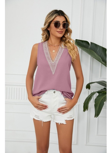 Camiseta Sin Mangas Con Cuello En V Y Encaje De Moda De