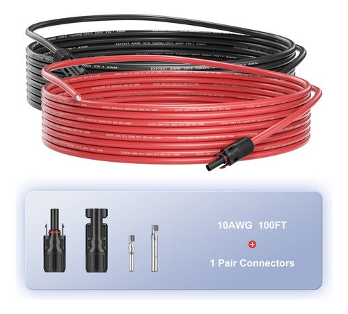 Cable Solar 30 Metros 10 Awg Negro Y Rojo Con Conectores Color De La Cubierta