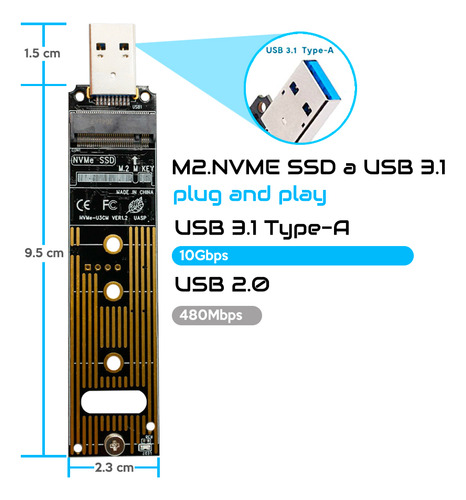 Adaptador M.2 Nvme Ssd A Usb 3.1 Type A 2230/2242/2260/2280