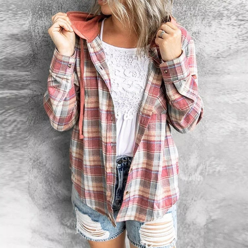 Camisas Manga Larga Para Mujer A Cuadros Con Capucha Cordón