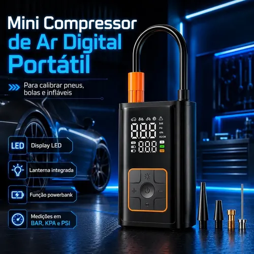 Mini Compressor Digital Portatil Bomba De Encher Pneus Bola Inflavel Para Carro Moto Bicicleta Com Calibrador De Ar Preto