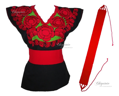 Blusa Artesanal Rosas Con Faja Telar De Cintura De Chiapas