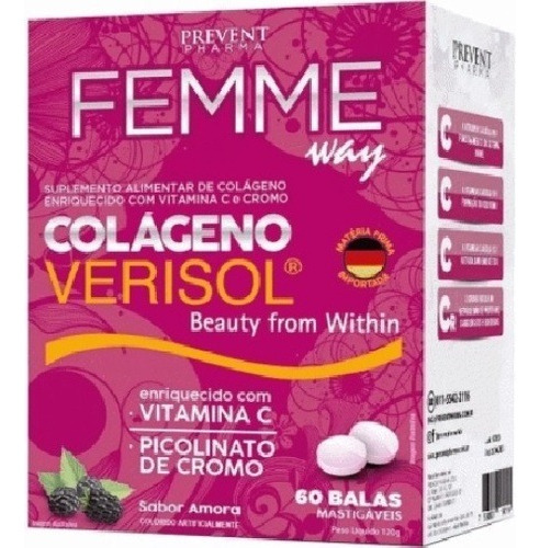 Femme Way Colágeno Verisol 60 Balas Mastigáveis Sabor Amora