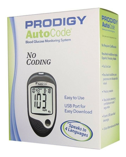 Glucómetro Prodigy Autocode, Voz, Memoria, Estuche.