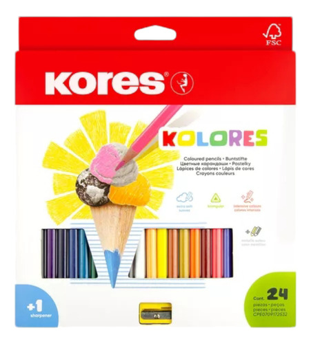 Lápices De Colores Kores 24pzas, Triangulares Con Sacapuntas