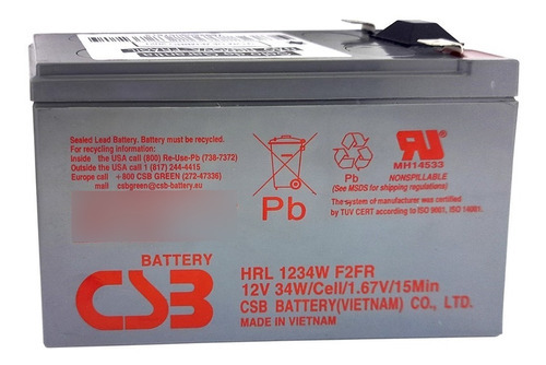 Batería Csb de 12 V, 9 Ah, HR1234w, F2, SMS, Apc, sin interrupciones