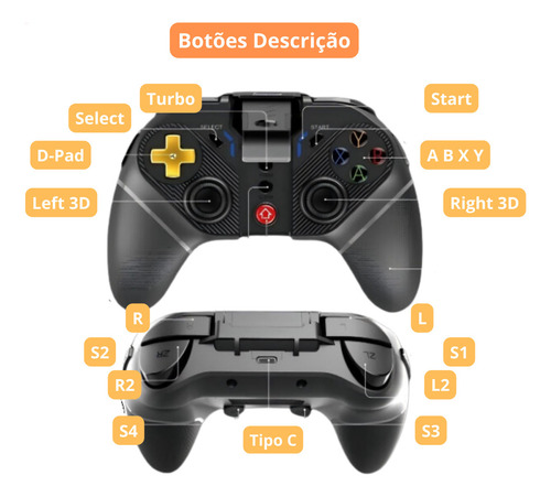 Controle Joystick Ipega Gamepad Bluetooth 5.0 Compatível Com Celular Android Ios Ps3 Ps4 N-switch Pc Gamer Tablet Modo Turbo 4 Botões Com Luz Led Gatilhos Adicionais