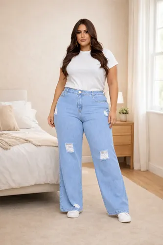 MLB 3348248701 Calca Plus Size Jeans Feminina Wide Leg Levanta Bumbum JM