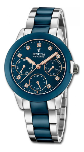 Reloj Festina Mujer Ceramica Azul Rose Piedras 50m F20497.2