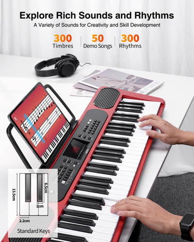 Teclado De Piano De 61 Teclas Portátil Con Luces Y Pantalla Rojo