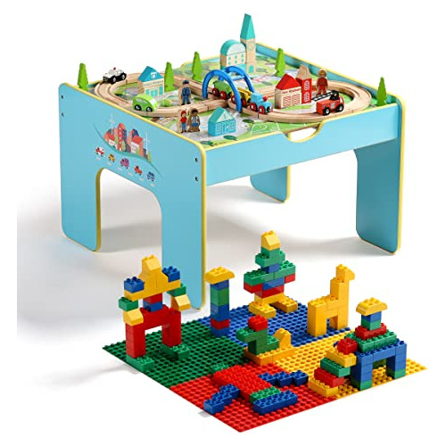 Wooden Train Activity Table 116pcs, 3-in-1 Kids Playset...